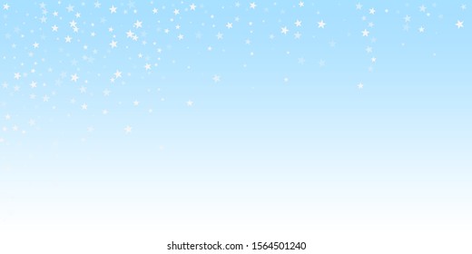 Random falling stars Christmas background. Subtle flying snow flakes and stars on winter sky background. Authentic winter silver snowflake overlay template. Resplendent vector illustration.
