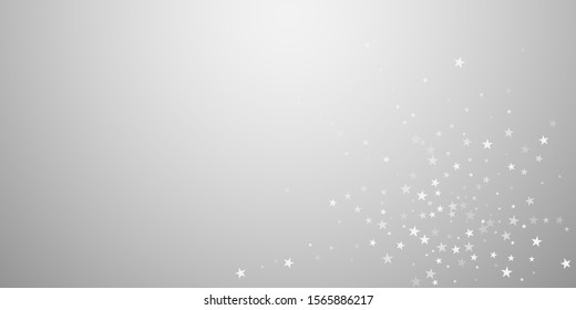 Random falling stars Christmas background. Subtle flying snow flakes and stars on light grey background. Artistic winter silver snowflake overlay template. Superb vector illustration.