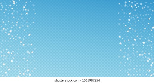 Random falling stars Christmas background. Subtle flying snow flakes and stars on blue transparent background. Appealing winter silver snowflake overlay template. Delightful vector illustration.