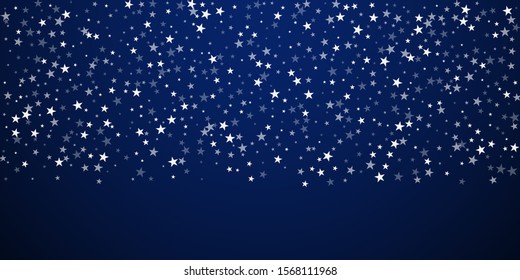 Random falling stars Christmas background. Subtle flying snow flakes and stars on dark blue night background. Beauteous winter silver snowflake overlay template. Comely vector illustration.