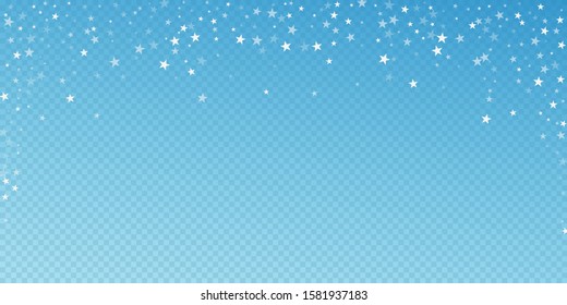 Random falling stars Christmas background. Subtle flying snow flakes and stars on blue transparent background. Attractive winter silver snowflake overlay template. Sublime vector illustration.