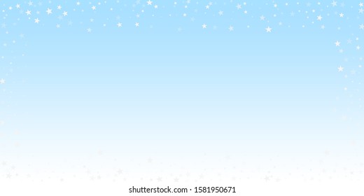 Random falling stars Christmas background. Subtle flying snow flakes and stars on winter sky background. Awesome winter silver snowflake overlay template. Pleasing vector illustration.