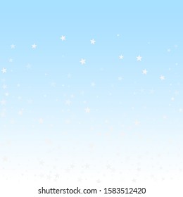 Random falling stars Christmas background. Subtle flying snow flakes and stars on winter sky background. Awesome winter silver snowflake overlay template. Admirable vector illustration.