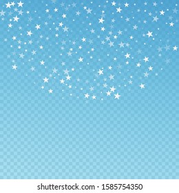 Random falling stars Christmas background. Subtle flying snow flakes and stars on blue transparent background. Amazing winter silver snowflake overlay template. Decent vector illustration.