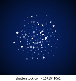 Random falling stars Christmas background. Subtle flying snow flakes and stars on dark blue night background. Beauteous winter silver snowflake overlay template. Great vector illustration.