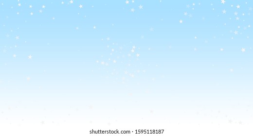 Random falling stars Christmas background. Subtle flying snow flakes and stars on winter sky background. Artistic winter silver snowflake overlay template. Authentic vector illustration.
