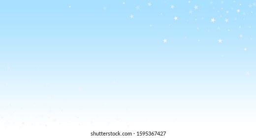 Random falling stars Christmas background. Subtle flying snow flakes and stars on winter sky background. Appealing winter silver snowflake overlay template. Outstanding vector illustration.