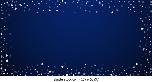 Random falling stars Christmas background. Subtle flying snow flakes and stars on dark blue night background. Awesome winter silver snowflake overlay template. Perfect vector illustration.