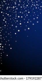 Random falling stars Christmas background. Subtle flying snow flakes and stars on dark blue background. Alluring winter silver snowflake overlay template. Trending vertical illustration.