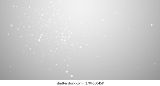Random falling stars Christmas background. Subtle flying snow flakes and stars on light grey background. Attractive winter silver snowflake overlay template. Actual vector illustration.