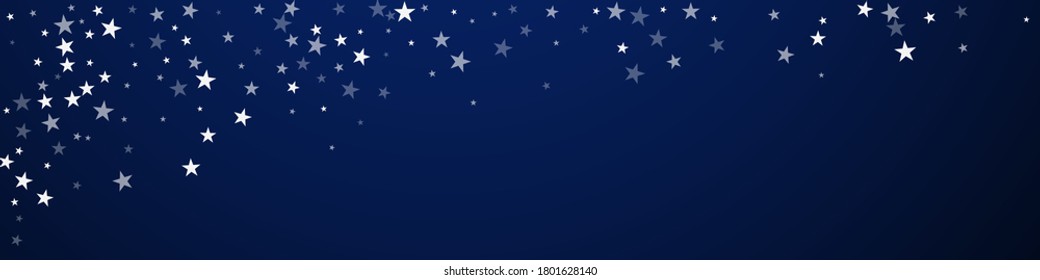 El fondo navideño de las estrellas que caen al azar. Sutiles copos de nieve volando y estrellas en un fondo azul oscuro. Moda de superposición de copos de nieve de plata de invierno audaz. Curiosa ilustración panorámica.