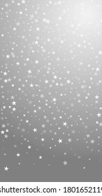 Random falling stars Christmas background. Subtle flying snow flakes and stars on grey background. Amusing winter silver snowflake overlay template. Remarkable vertical illustration.