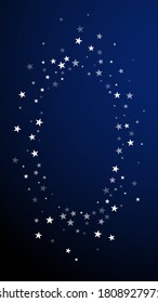 Random falling stars Christmas background. Subtle flying snow flakes and stars on dark blue background. Admirable winter silver snowflake overlay template. Cute vertical illustration.