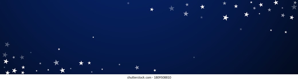 Random falling stars Christmas background. Subtle flying snow flakes and stars on dark blue background. Bizarre winter silver snowflake overlay template. Worthy panoramic illustration.