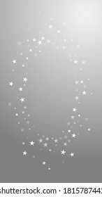 Random falling stars Christmas background. Subtle flying snow flakes and stars on grey background. Admirable winter silver snowflake overlay template. Dazzling vertical illustration.