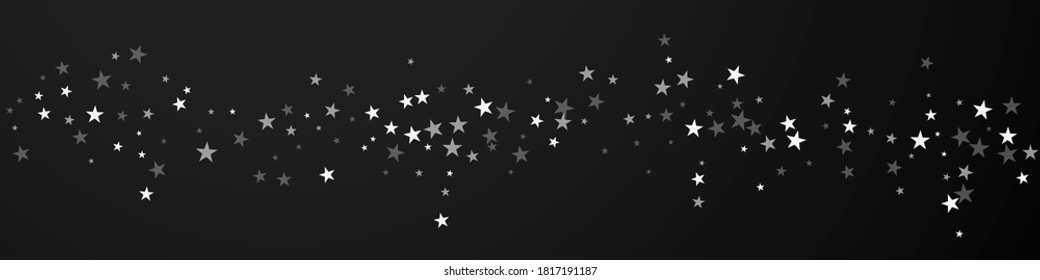 Random falling stars Christmas background. Subtle flying snow flakes and stars on black background. Breathtaking winter silver snowflake overlay template. Astonishing panoramic illustration.