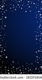 Random falling stars Christmas background. Subtle flying snow flakes and stars on dark blue background. Amusing winter silver snowflake overlay template. Admirable vertical illustration.