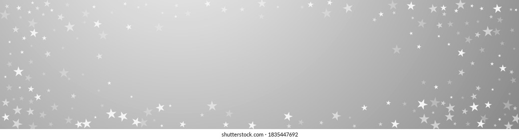 Random falling stars Christmas background. Subtle flying snow flakes and stars on grey background. Captivating winter silver snowflake overlay template. Good-looking panoramic illustration.