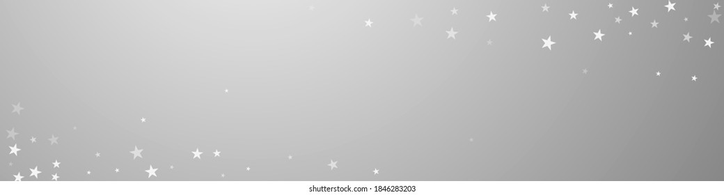 Random falling stars Christmas background. Subtle flying snow flakes and stars on grey background. Bold winter silver snowflake overlay template. Actual panoramic illustration.