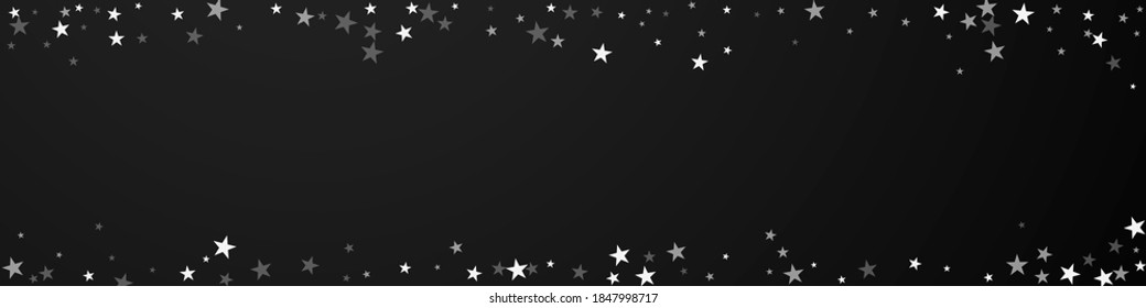 Random falling stars Christmas background. Subtle flying snow flakes and stars on black background. Breathtaking winter silver snowflake overlay template. Ideal panoramic illustration.
