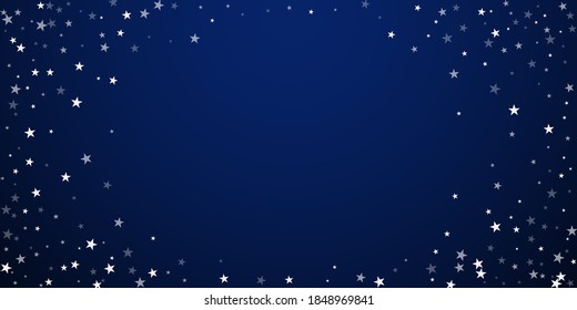 Random falling stars Christmas background. Subtle flying snow flakes and stars on dark blue night background. Bewitching winter silver snowflake overlay template. Splendid vector illustration.