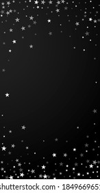 Random falling stars Christmas background. Subtle flying snow flakes and stars on black background. Admirable winter silver snowflake overlay template. Fine vertical illustration.