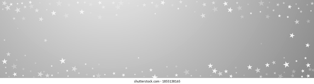 Random falling stars Christmas background. Subtle flying snow flakes and stars on grey background. Brilliant winter silver snowflake overlay template. Ravishing panoramic illustration.