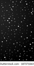 Random falling stars Christmas background. Subtle flying snow flakes and stars on black background. Alive winter silver snowflake overlay template. Classic vertical illustration.