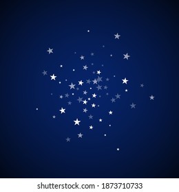 Random falling stars Christmas background. Subtle flying snow flakes and stars on dark blue night background. Actual winter silver snowflake overlay template. Precious vector illustration.