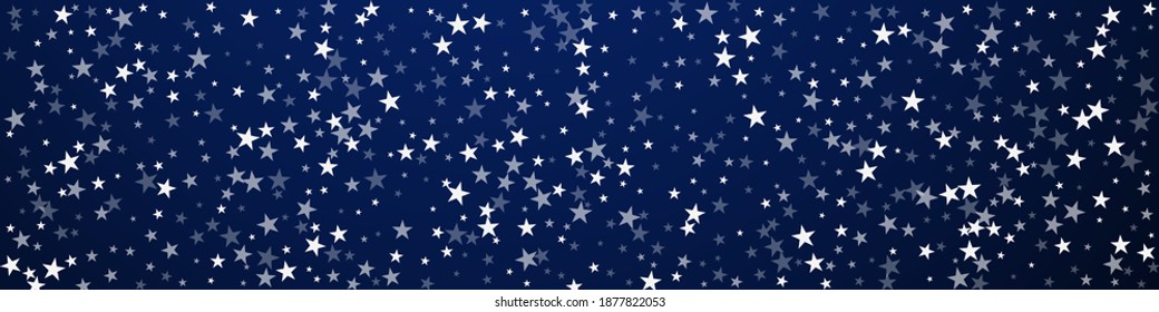Random falling stars Christmas background. Subtle flying snow flakes and stars on dark blue background. Bizarre winter silver snowflake overlay template. Energetic panoramic illustration.