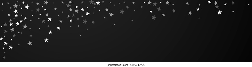 Random falling stars Christmas background. Subtle flying snow flakes and stars on black background. Bold winter silver snowflake overlay template. Creative panoramic illustration.