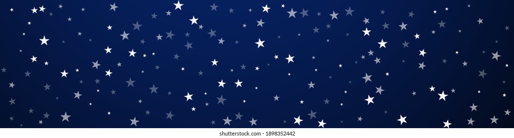 Random falling stars Christmas background. Subtle flying snow flakes and stars on dark blue background. Bold winter silver snowflake overlay template. Fine panoramic illustration.