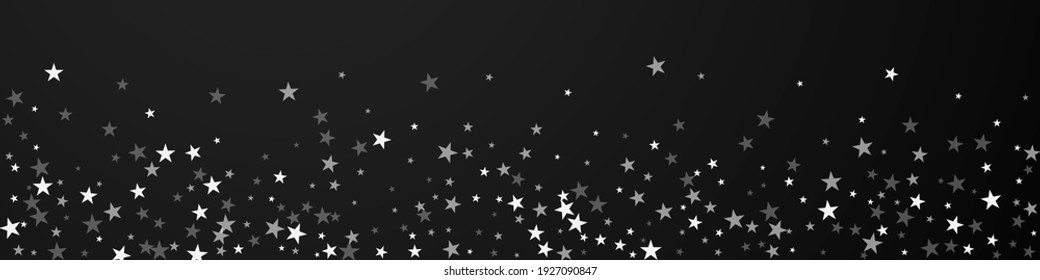 Random falling stars Christmas background. Subtle flying snow flakes and stars on black background. Breathtaking winter silver snowflake overlay template. Elegant panoramic illustration.