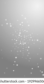 Random falling stars Christmas background. Subtle flying snow flakes and stars on grey background. Alive winter silver snowflake overlay template. Fascinating vertical illustration.