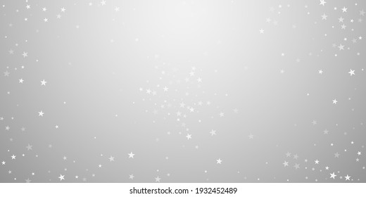 Random falling stars Christmas background. Subtle flying snow flakes and stars on light grey background. Artistic winter silver snowflake overlay template. Attractive vector illustration.