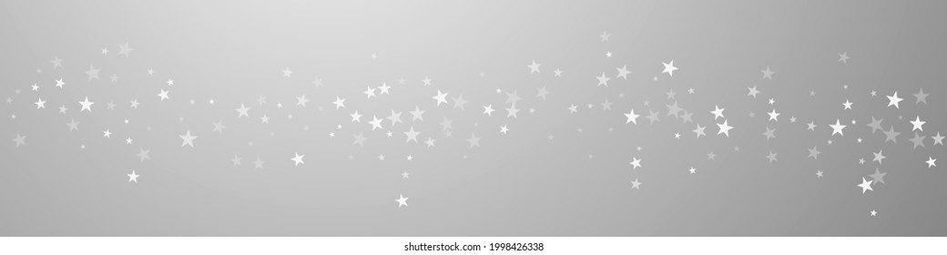 Zufällig fallende Sterne Weihnachtshintergrund. Subtile fliegende Schneeflocken und Sterne auf grauem Hintergrund. Atemberaubende Winterschneeflocke. Authentische Panoramabildung.