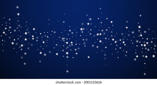 Random falling stars Christmas background. Subtle flying snow flakes and stars on dark blue night background. Attractive winter silver snowflake overlay template. Nice vector illustration.