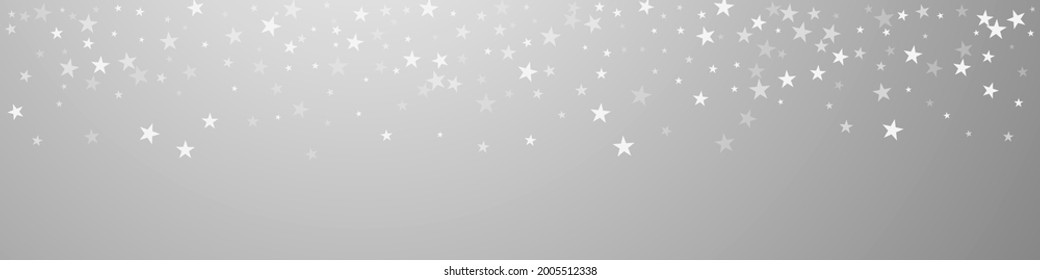 El fondo navideño de las estrellas que caen al azar. Sutiles copos de nieve volando y estrellas de fondo gris. Brillante plantilla de overlay de copos de nieve de plata de invierno. Fantástica ilustración panorámica.