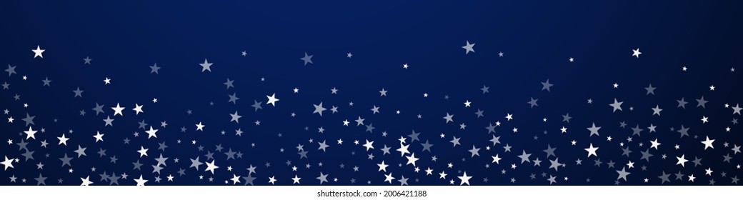 Zufällig fallende Sterne Weihnachtshintergrund. Subtile fliegende Schneeflocken und Sterne auf dunkelblauem Hintergrund. Atemberaubende Winterschneeflocke. Hervorragende Panoramabildung.
