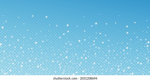 Random falling stars Christmas background. Subtle flying snow flakes and stars on blue transparent background. Authentic winter silver snowflake overlay template. Enchanting vector illustration.