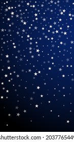 Random falling stars Christmas background. Subtle flying snow flakes and stars on dark blue background. Appealing winter silver snowflake overlay template. Symmetrical vertical illustration.