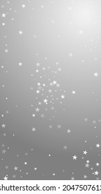 Random falling stars Christmas background. Subtle flying snow flakes and stars on grey background. Adorable winter silver snowflake overlay template. Vibrant vertical illustration.
