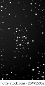 Random falling stars Christmas background. Subtle flying snow flakes and stars on black background. Adorable winter silver snowflake overlay template. Unusual vertical illustration.