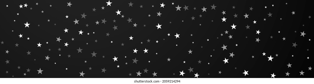 Random falling stars Christmas background. Subtle flying snow flakes and stars on black background. Bold winter silver snowflake overlay template. Fetching panoramic illustration.