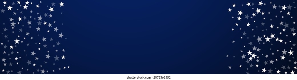 Random falling stars Christmas background. Subtle flying snow flakes and stars on dark blue background. Bizarre winter silver snowflake overlay template. Precious panoramic illustration.