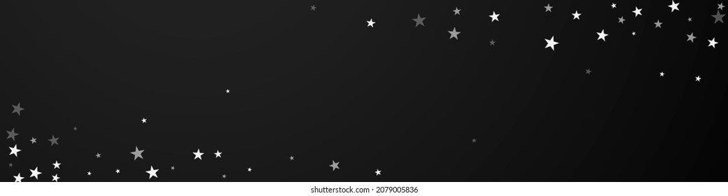 Random falling stars Christmas background. Subtle flying snow flakes and stars on black background. Bizarre winter silver snowflake overlay template. Wondrous panoramic illustration.
