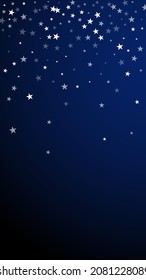 Random falling stars Christmas background. Subtle flying snow flakes and stars on dark blue background. Appealing winter silver snowflake overlay template. Good-looking vertical illustration.