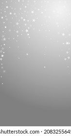 Random falling stars Christmas background. Subtle flying snow flakes and stars on grey background. Amazing winter silver snowflake overlay template. Lovely vertical illustration.