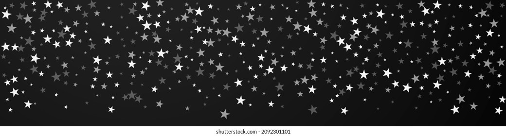 Random falling stars Christmas background. Subtle flying snow flakes and stars on black background. Brilliant winter silver snowflake overlay template. Lively panoramic illustration.