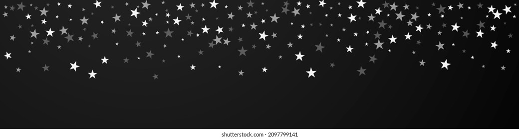 Random falling stars Christmas background. Subtle flying snow flakes and stars on black background. Brilliant winter silver snowflake overlay template. Fair panoramic illustration.